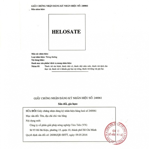 Không kinh doanh sản phẩm Helosate 48SL theo quyết định số: 1186/QĐ-BNN-BVTV ngày 10 tháng 4 năm 2019 của Bộ Nông nghiệp và Phát triển Nông thôn Việt Nam
