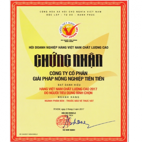Công ty AA đạt chứng nhận Hàng Việt Nam Chất Lượng Cao năm 2017